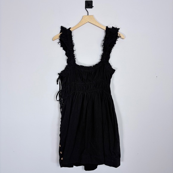 Free‎ People Claudette Black Smock Ruffle Strap Button Side Mini Dress Medium - Picture 8 of 8